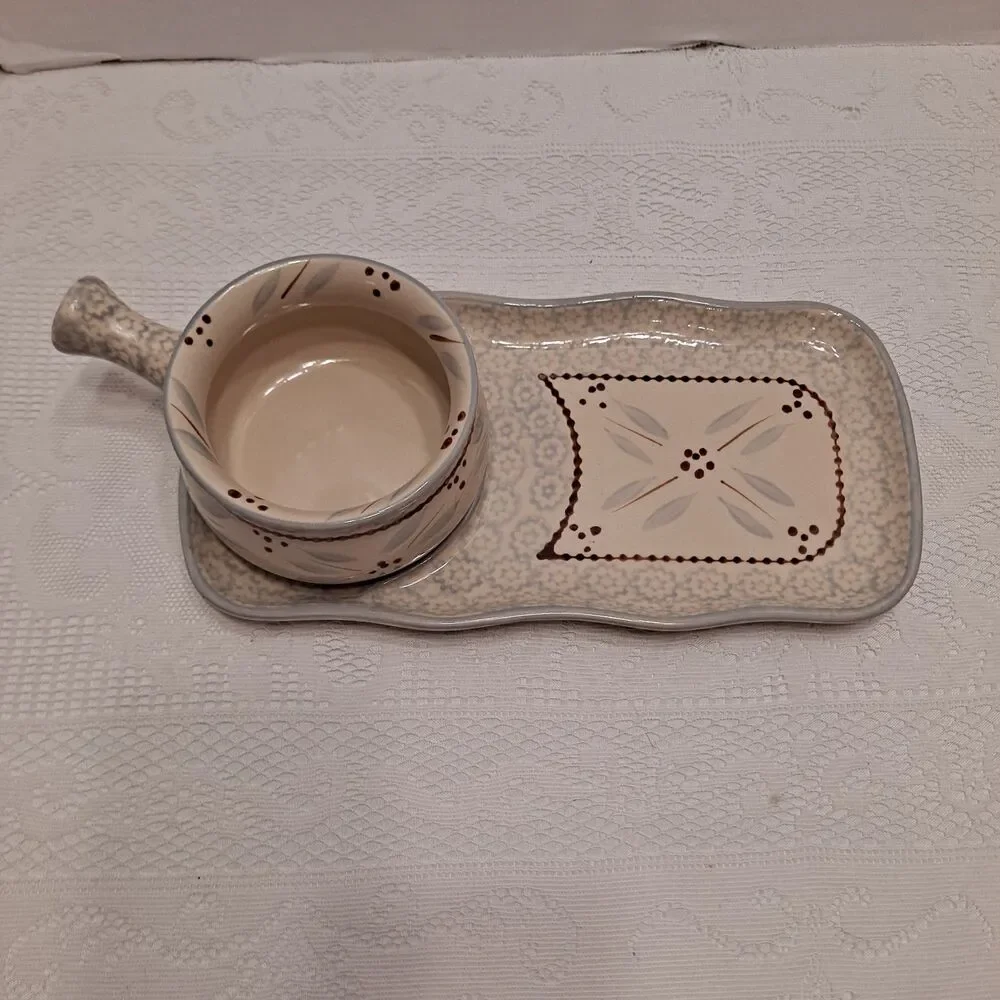 Temp-Tations by Tara 18 oz. Soup Bowl w/ Handle and Bread Tray Beige Lt. Blue